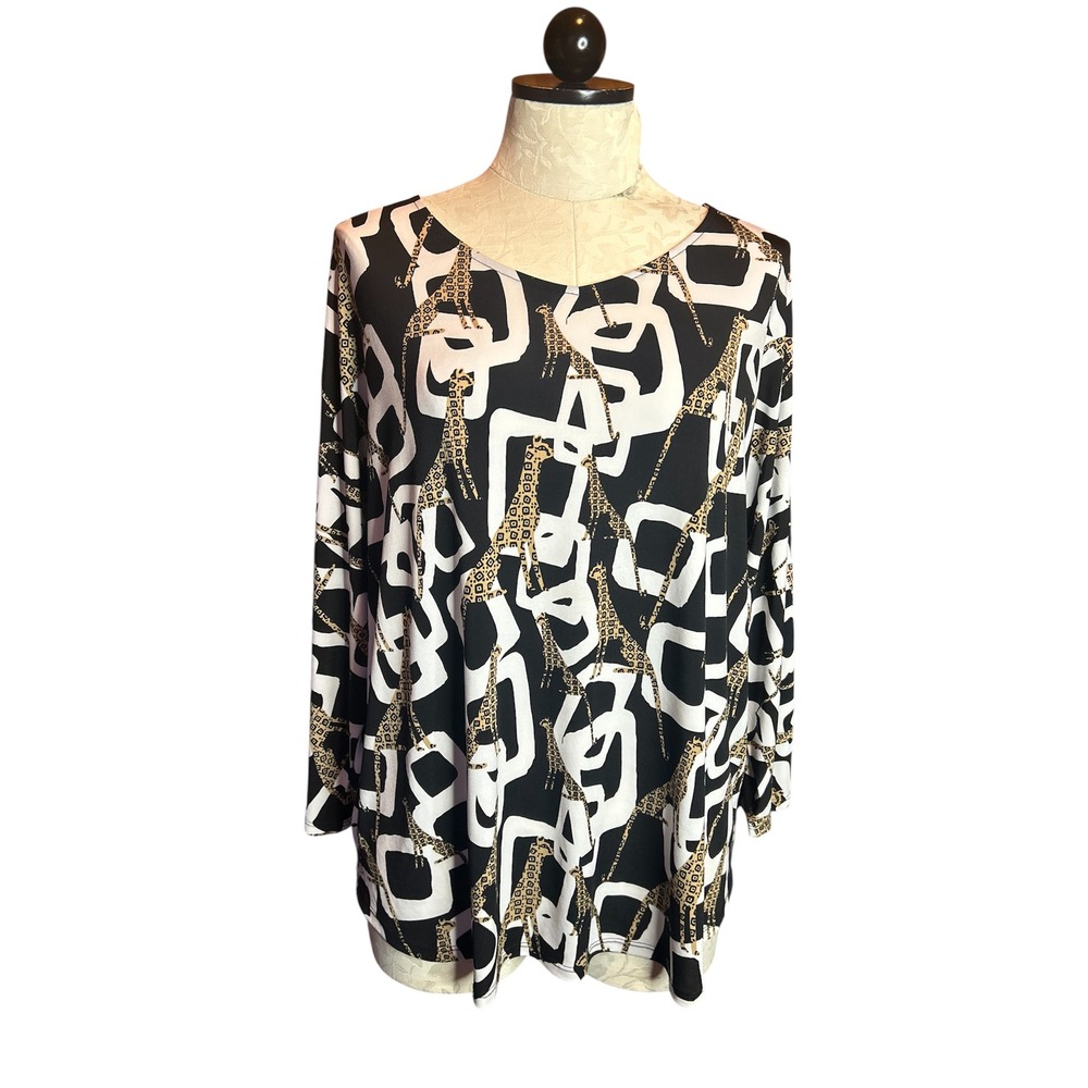 Chicos Giraffe Geometric Print Top Black White Tan Long Sleeve Blouse Sz 3 (XL)